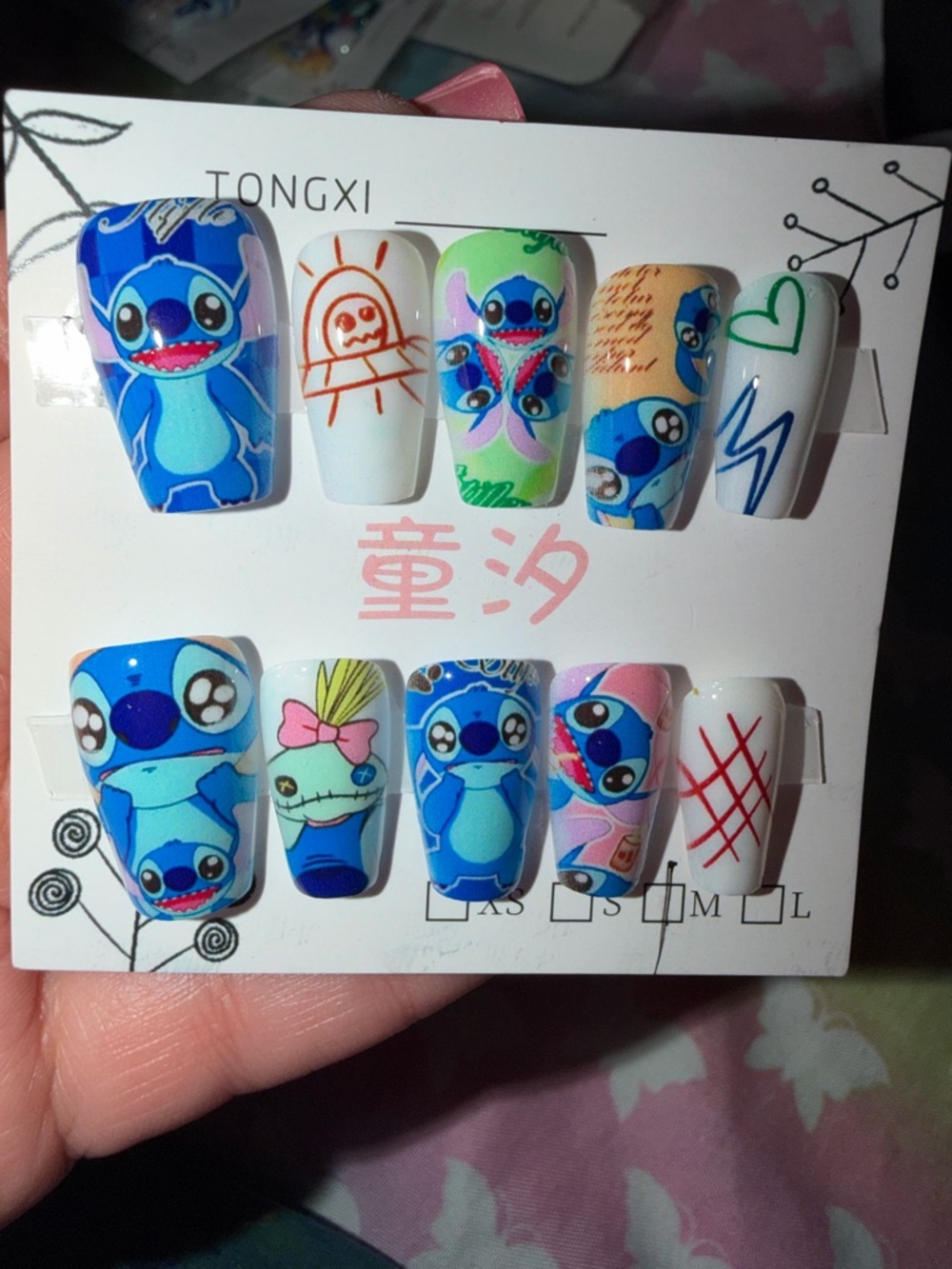 Stitch Cartoon Press-On Nails - Blue & White Set